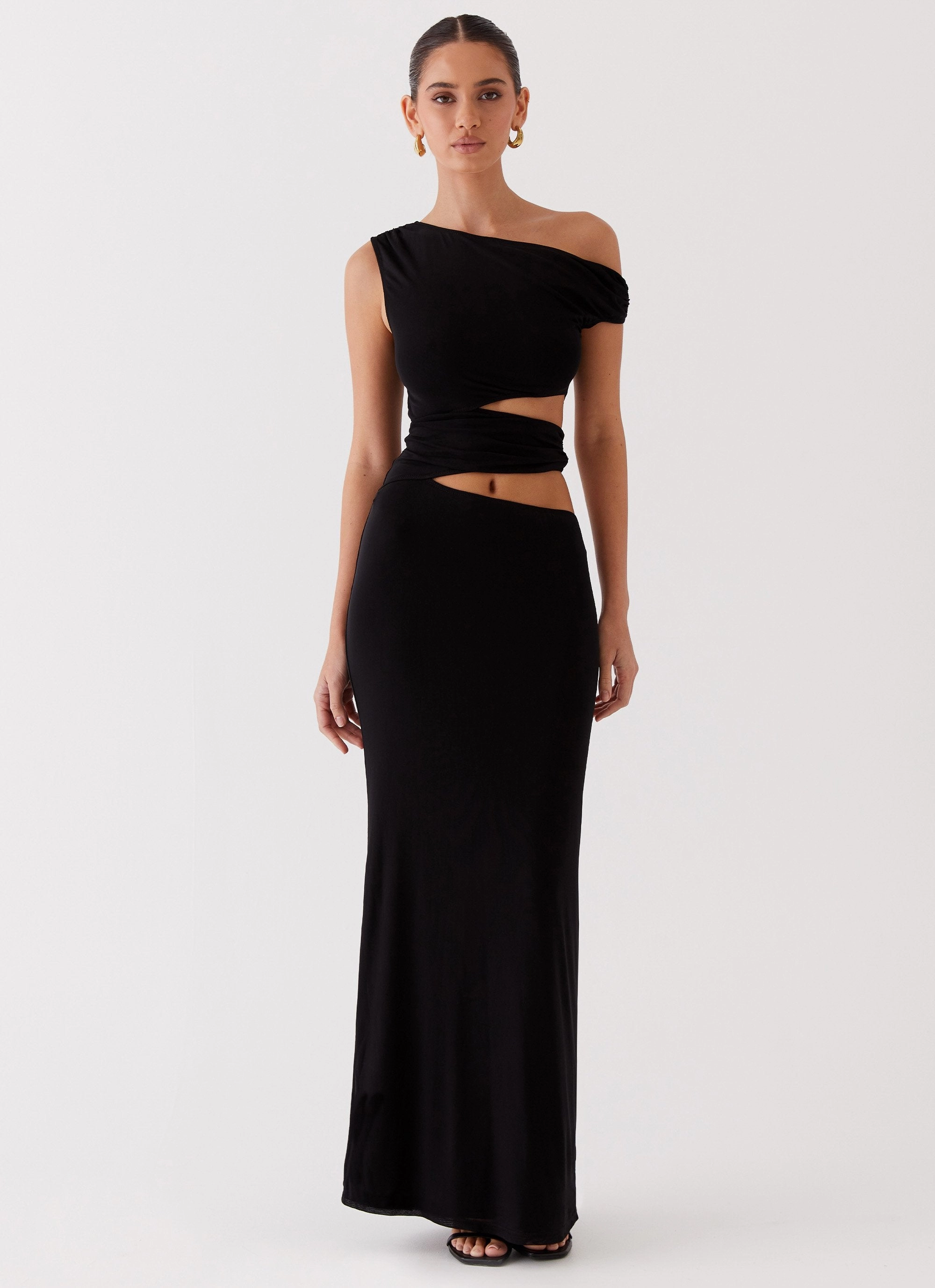 Work Friendly Sophisticated and Relaxed Margot One Shoulder Maxi Dress - Black