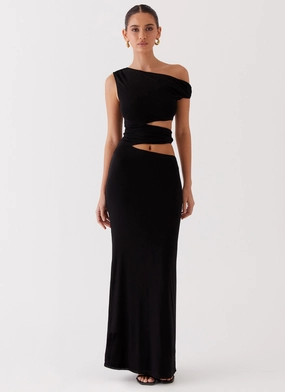 Work Friendly Sophisticated and Relaxed Margot One Shoulder Maxi Dress - Black