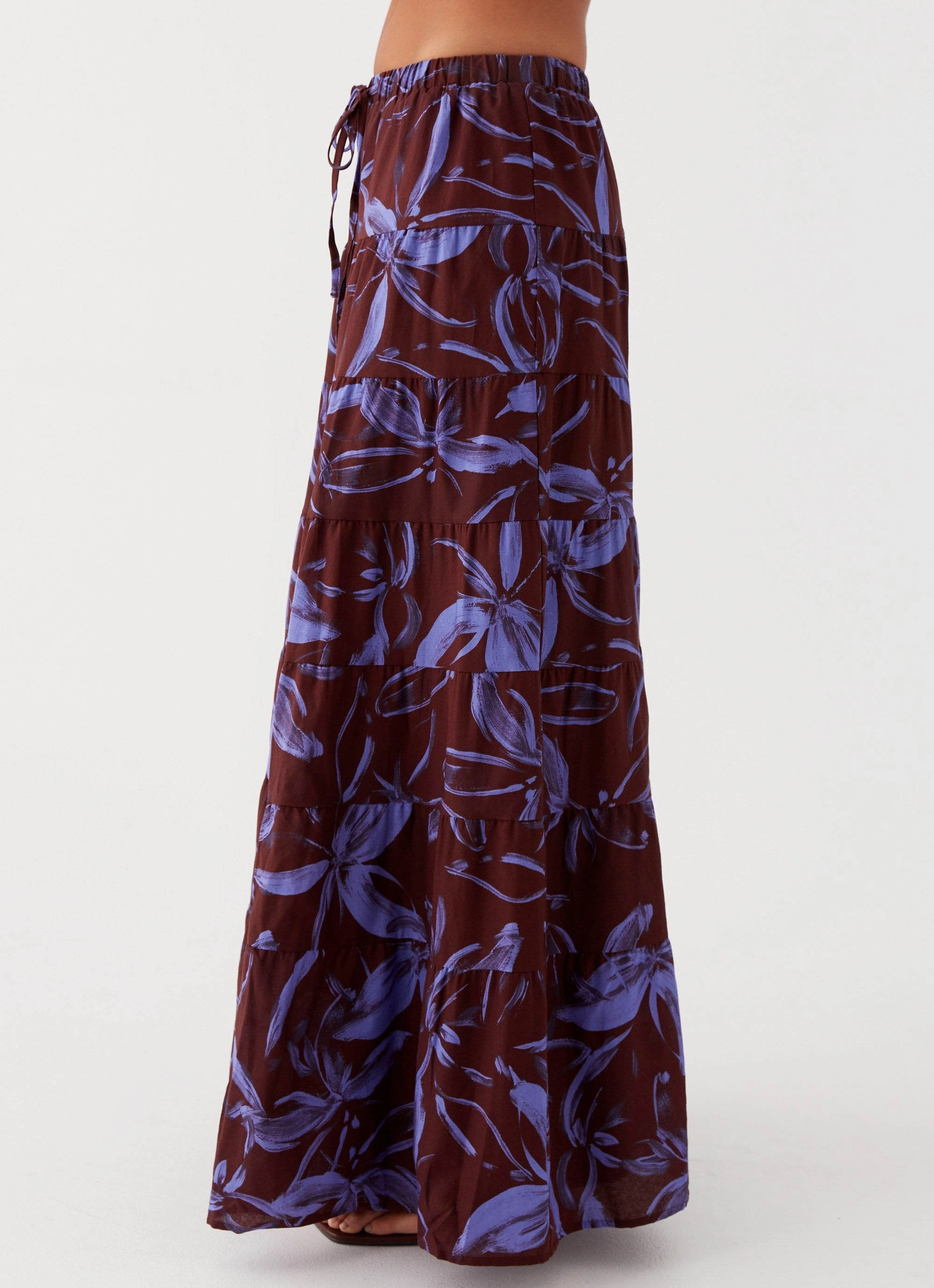 Mariella Linen Maxi Skirt - Purple Brown Floral Thermal Regulating TearResistantMaterial