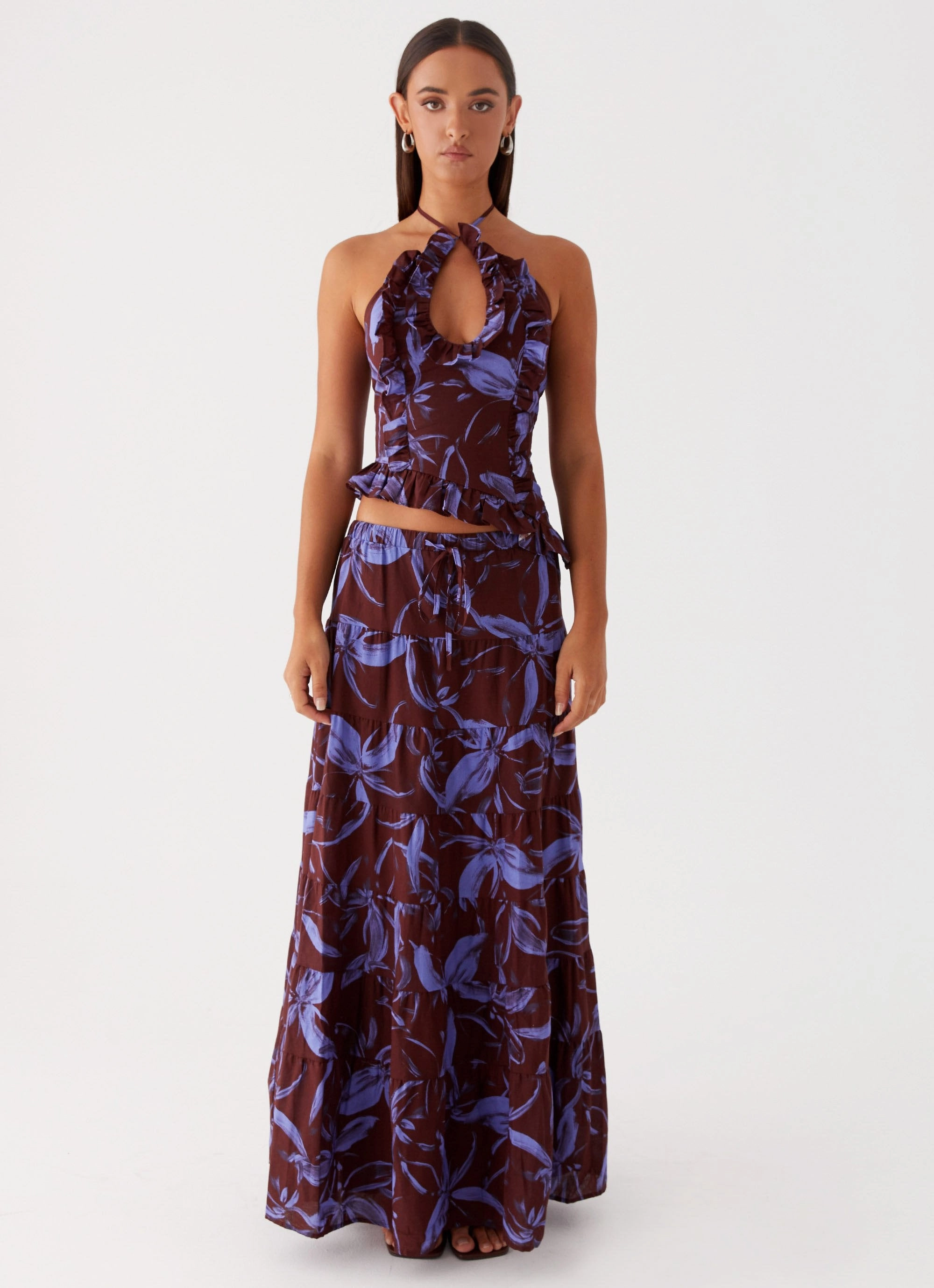 Mariella Linen Maxi Skirt - Purple Brown Floral Durable Activewear Core Cut
