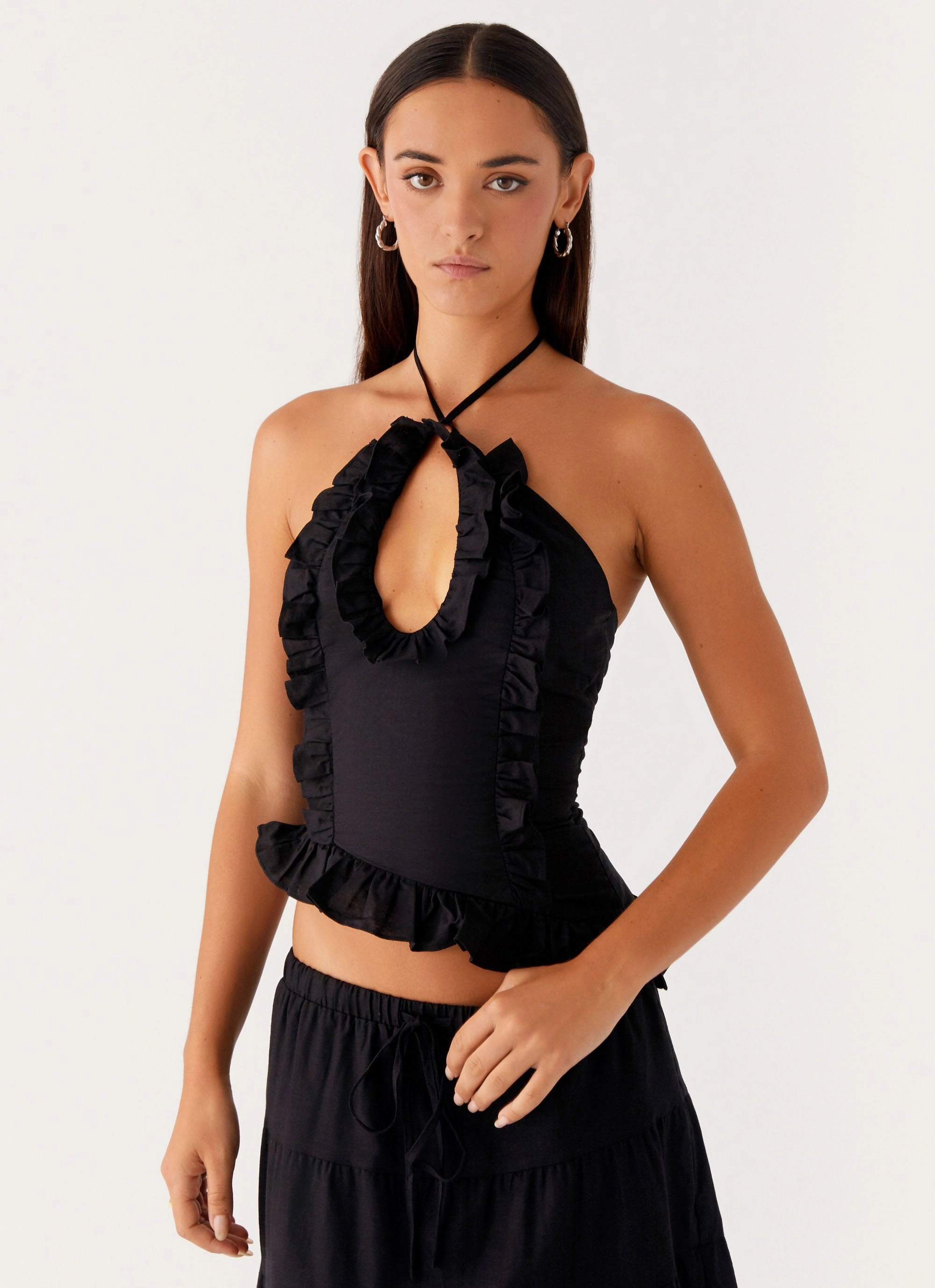 Mariella Linen Top - Black Ribbed Trim Details Bound Seam Edges