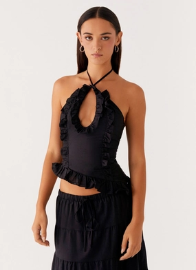 Mariella Linen Top - Black Ribbed Hem Finish