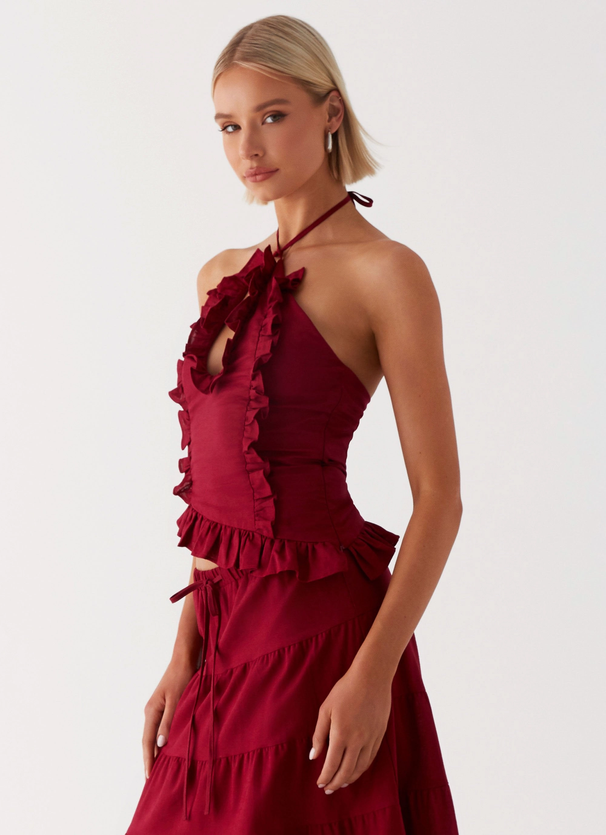 NonToxicCoating Adjustable Hem Toggles Mariella Linen Top - Maroon