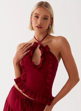 Contoured Side Panels Double Needle Hemming Mariella Linen Top - Maroon