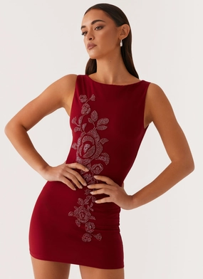 Matteo Beaded Mesh Mini Dress - Deep Red Breezy Style Subtle pattern