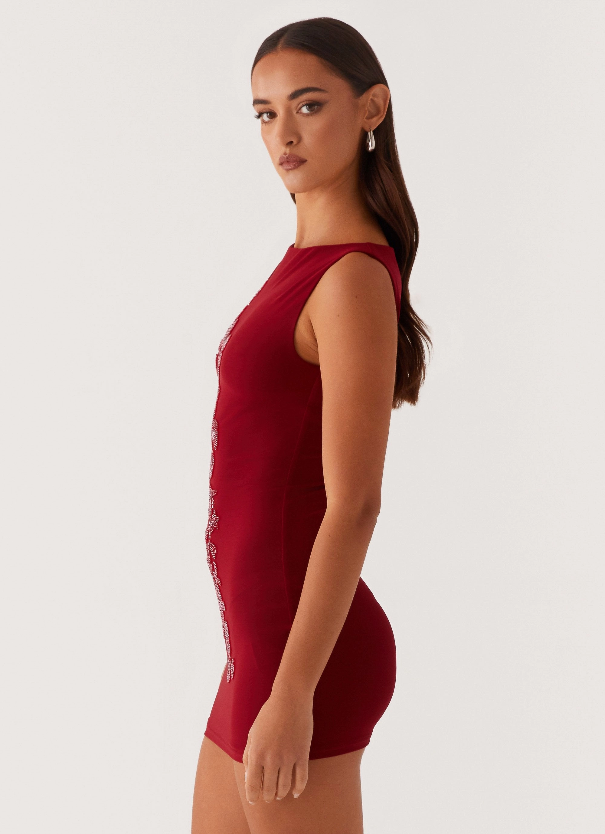 Matteo Beaded Mesh Mini Dress - Deep Red Soft Air Perfect Waist