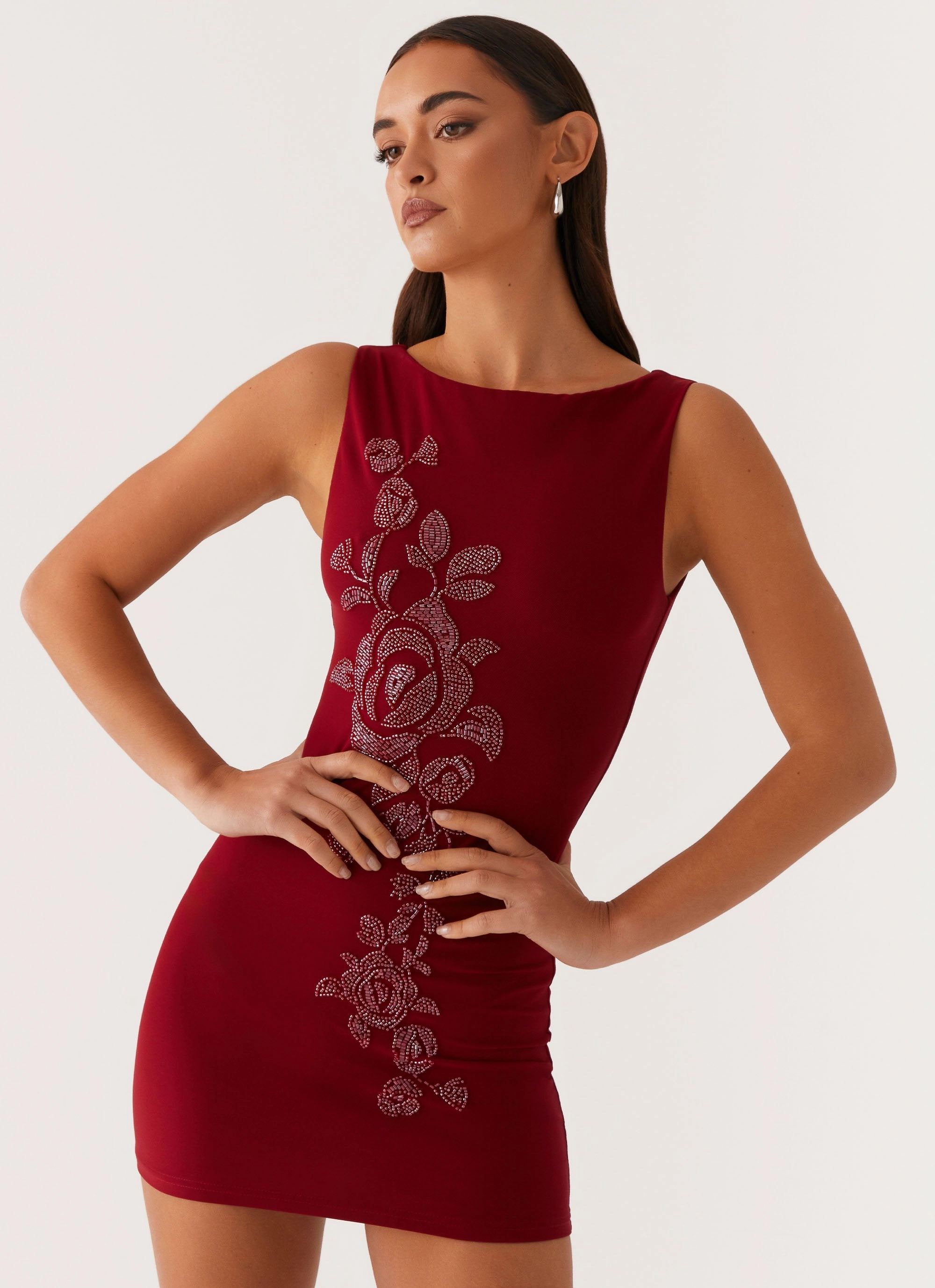 Matteo Beaded Mesh Mini Dress - Deep Red Breezy Style Subtle pattern