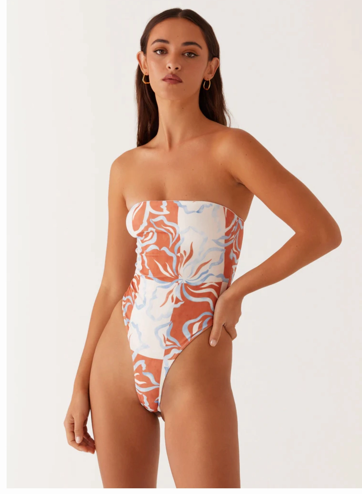 Maxine Strapless One Piece Swimsuit - Orange Blue Floral SoftTouchInnerLayer AbrasionResistant Elbows