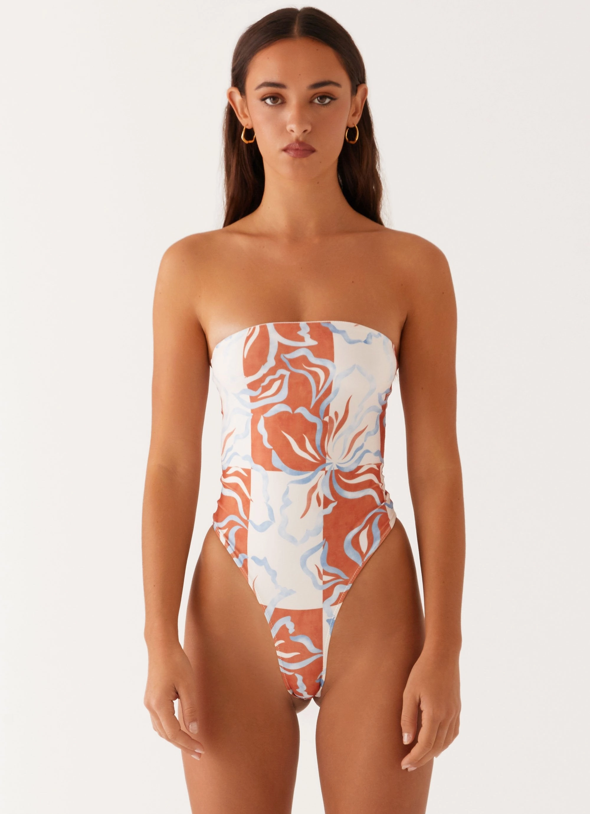 Maxine Strapless One Piece Swimsuit - Orange Blue Floral Thumbhole Cuff Design