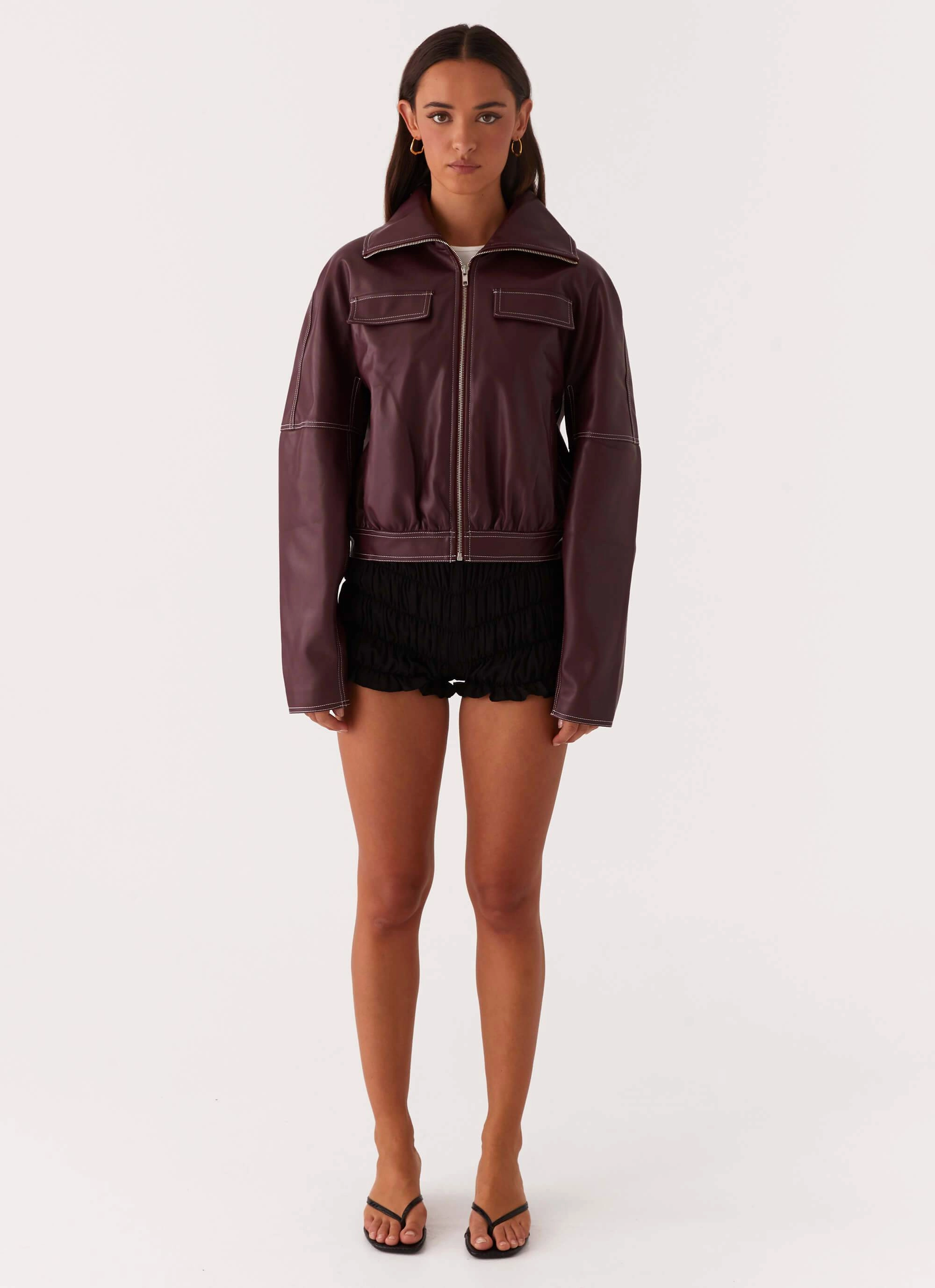 Meant To Be PU Boxy Jacket - Wine Non Bulky Design All Purpose Outerwear
