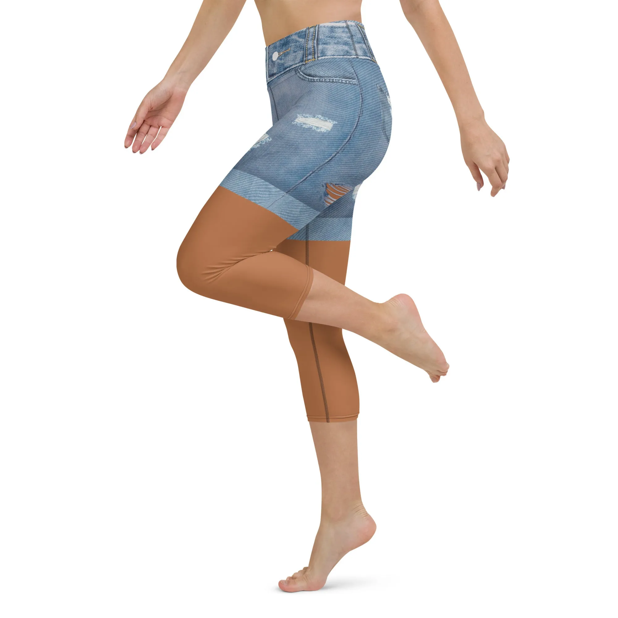 Medium Brown Denim Shorts Print Yoga Capris