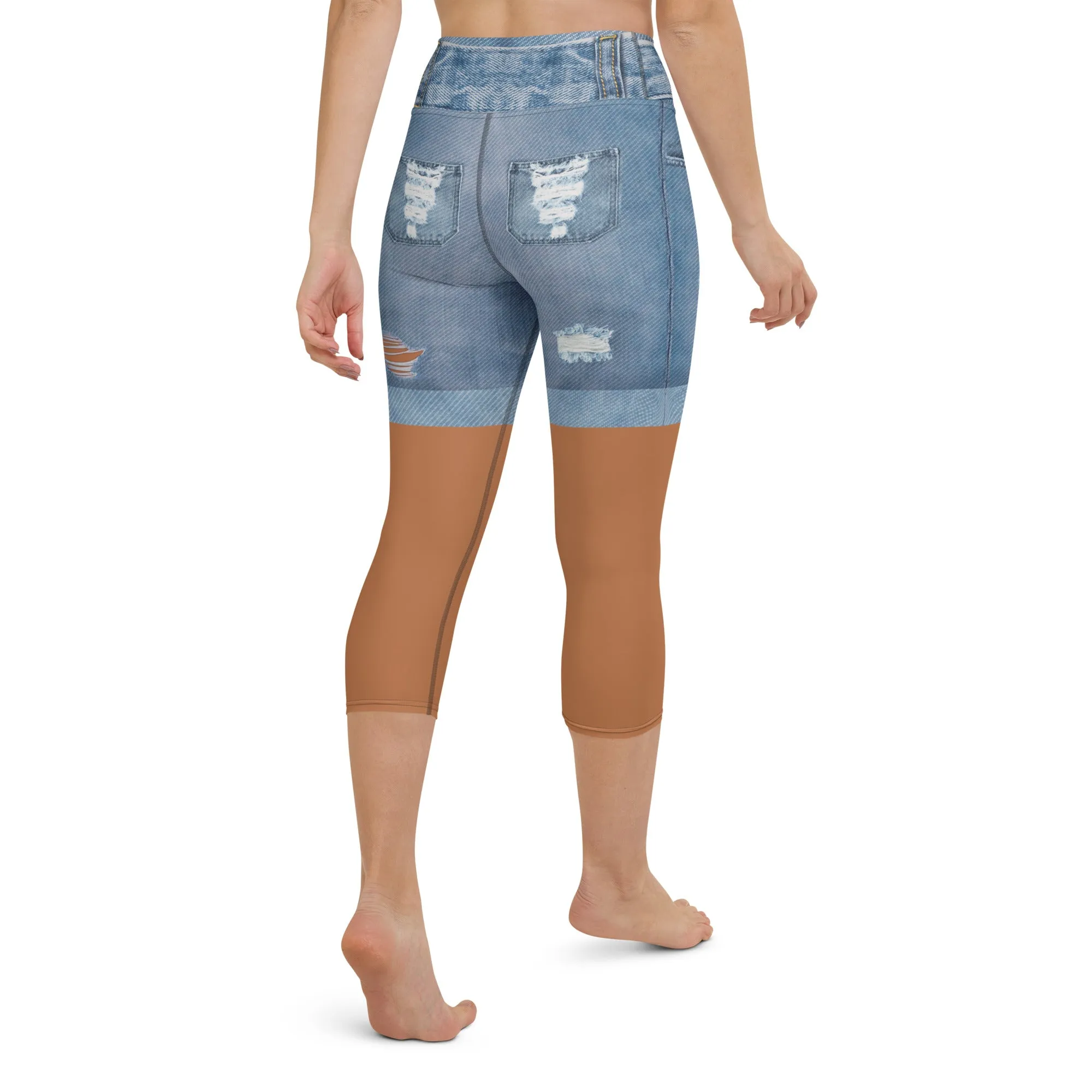 Medium Brown Denim Shorts Print Yoga Capris