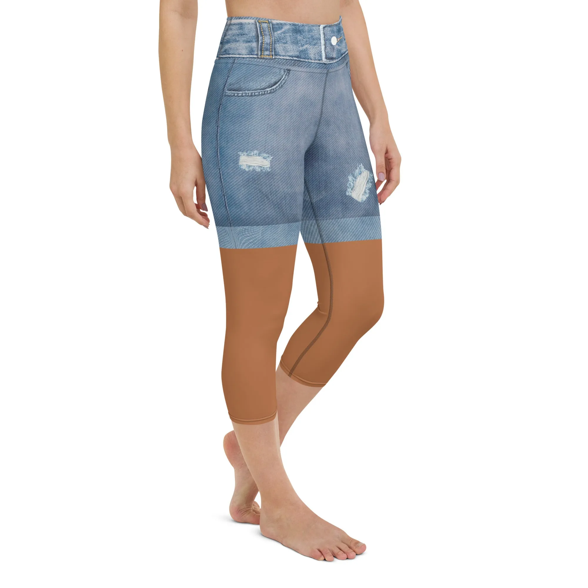 Medium Brown Denim Shorts Print Yoga Capris