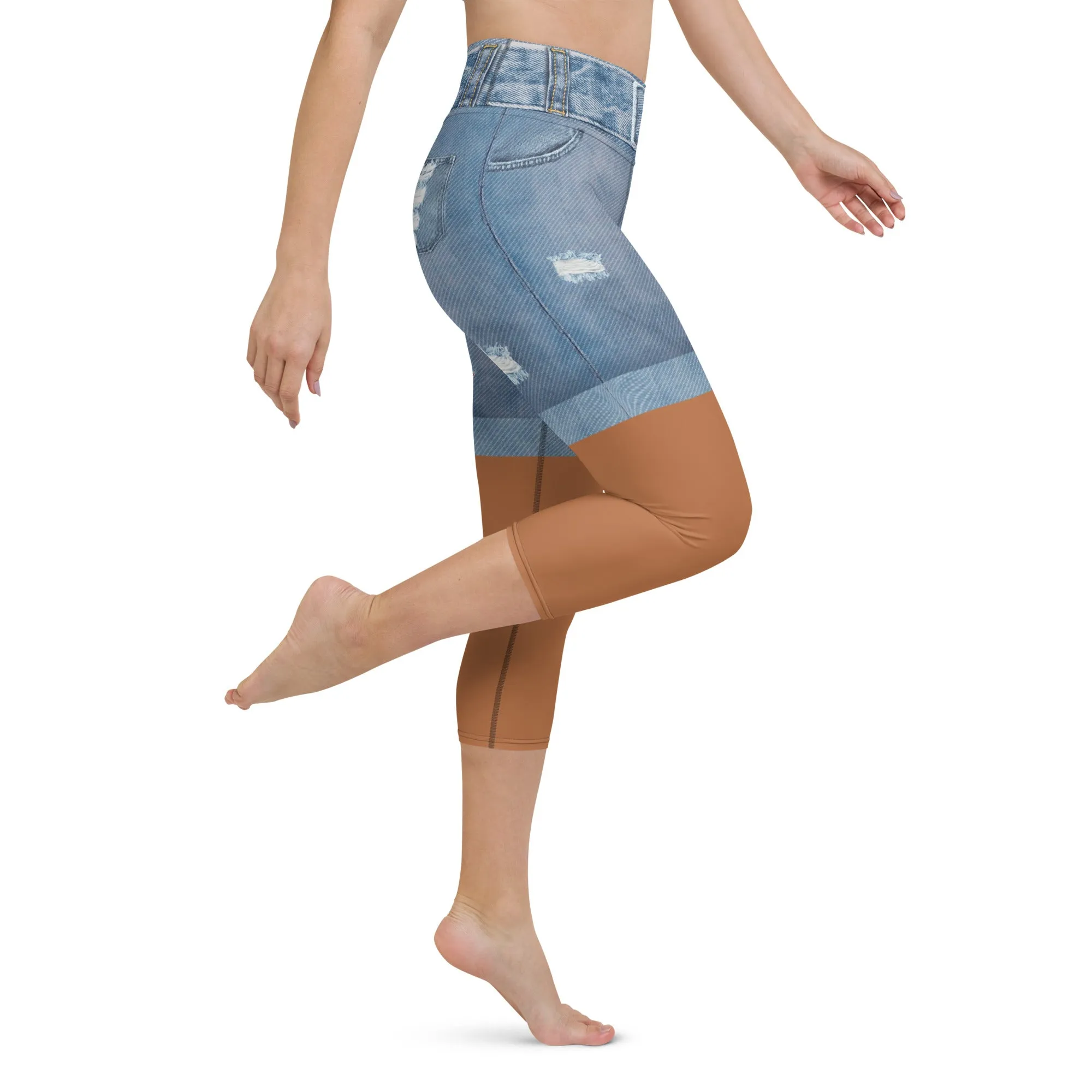 Medium Brown Denim Shorts Print Yoga Capris
