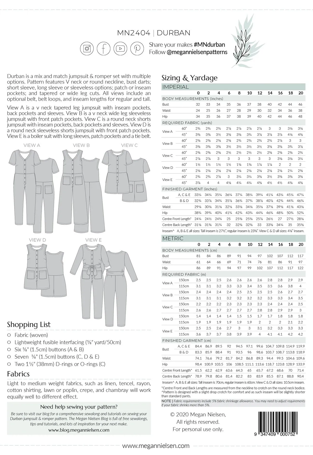Megan Nielsen - Durban Jumpsuit & Romper Sewing Pattern
