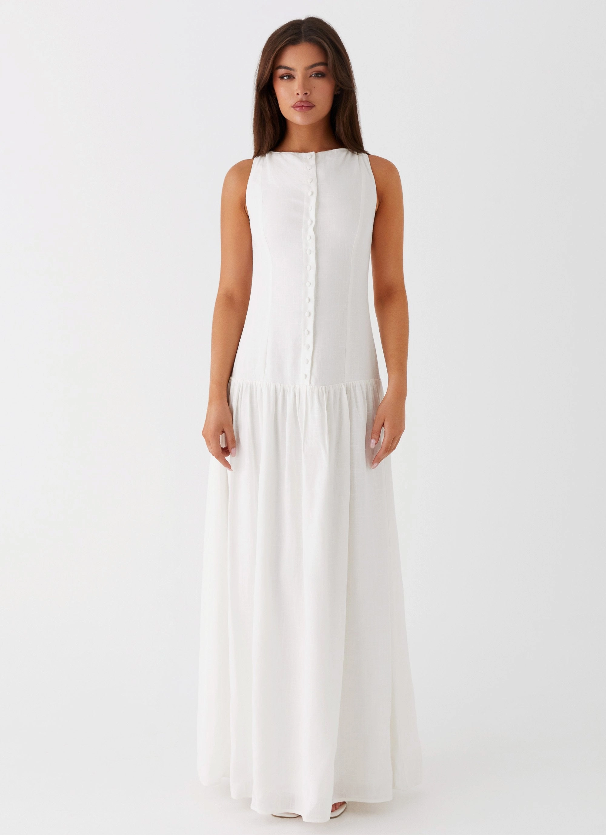 Meggie Linen Maxi Dress - White Classic Layering