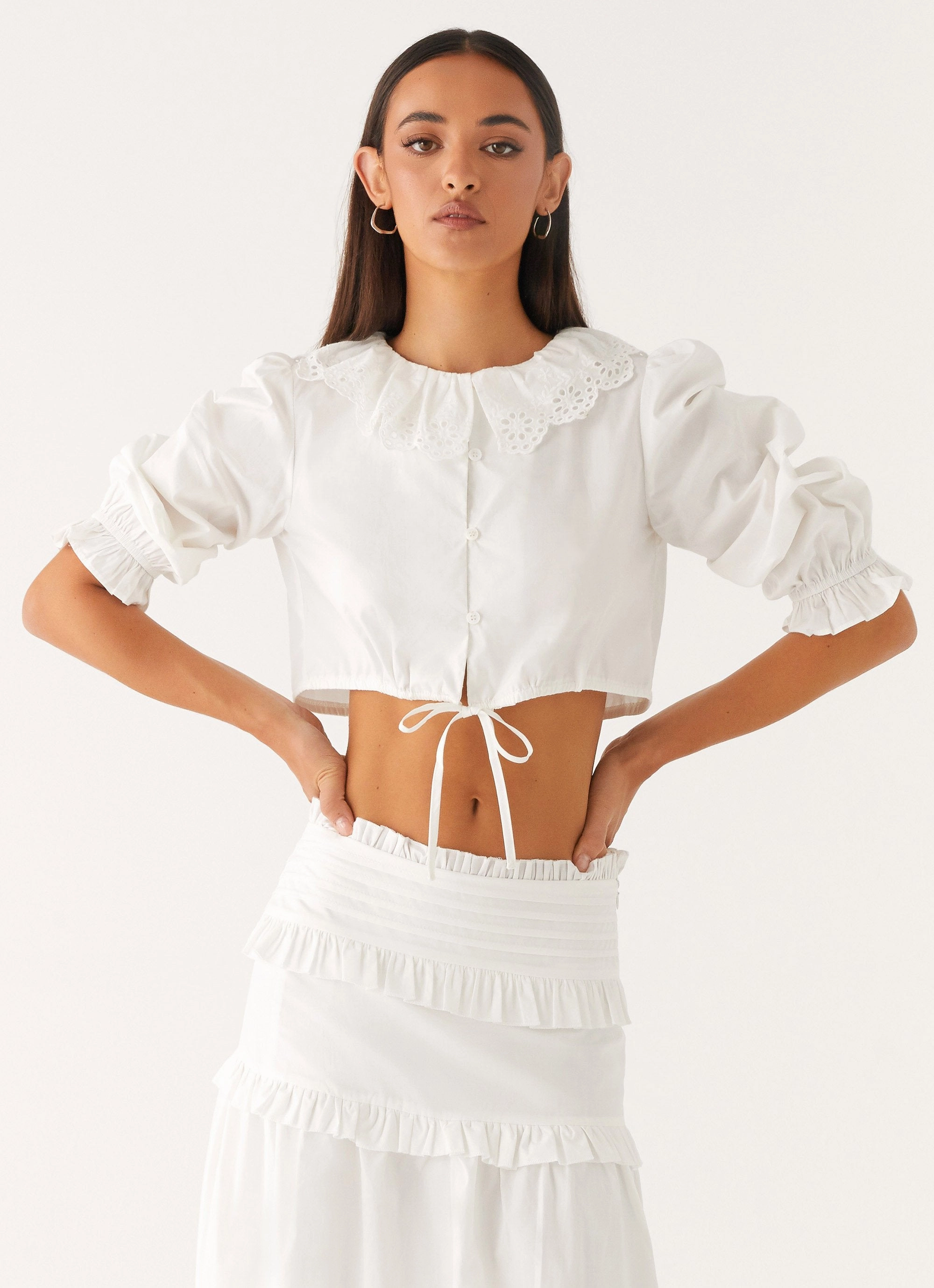 Double Faced Jersey Knit Lightweight Thermal Melania Blouse - White