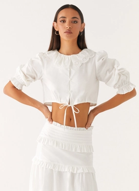 Double Faced Jersey Knit Lightweight Thermal Melania Blouse - White