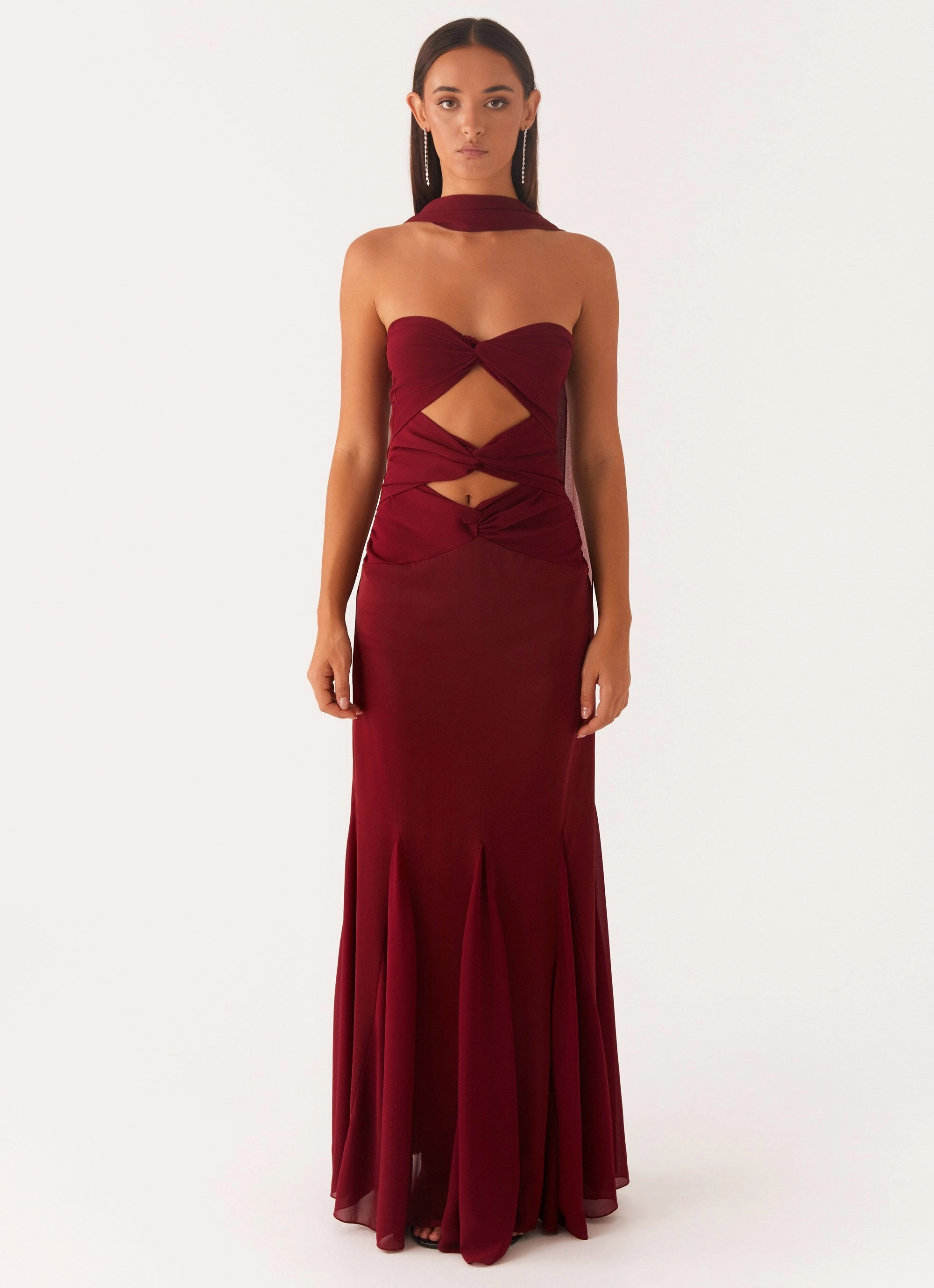 Fall Comfort Flawless Waistband Melrose Satin Chiffon Maxi Dress - Deep Red