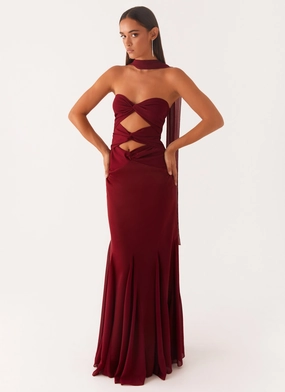 Feminine off-the-shoulder gown Melrose Satin Chiffon Maxi Dress - Deep Red