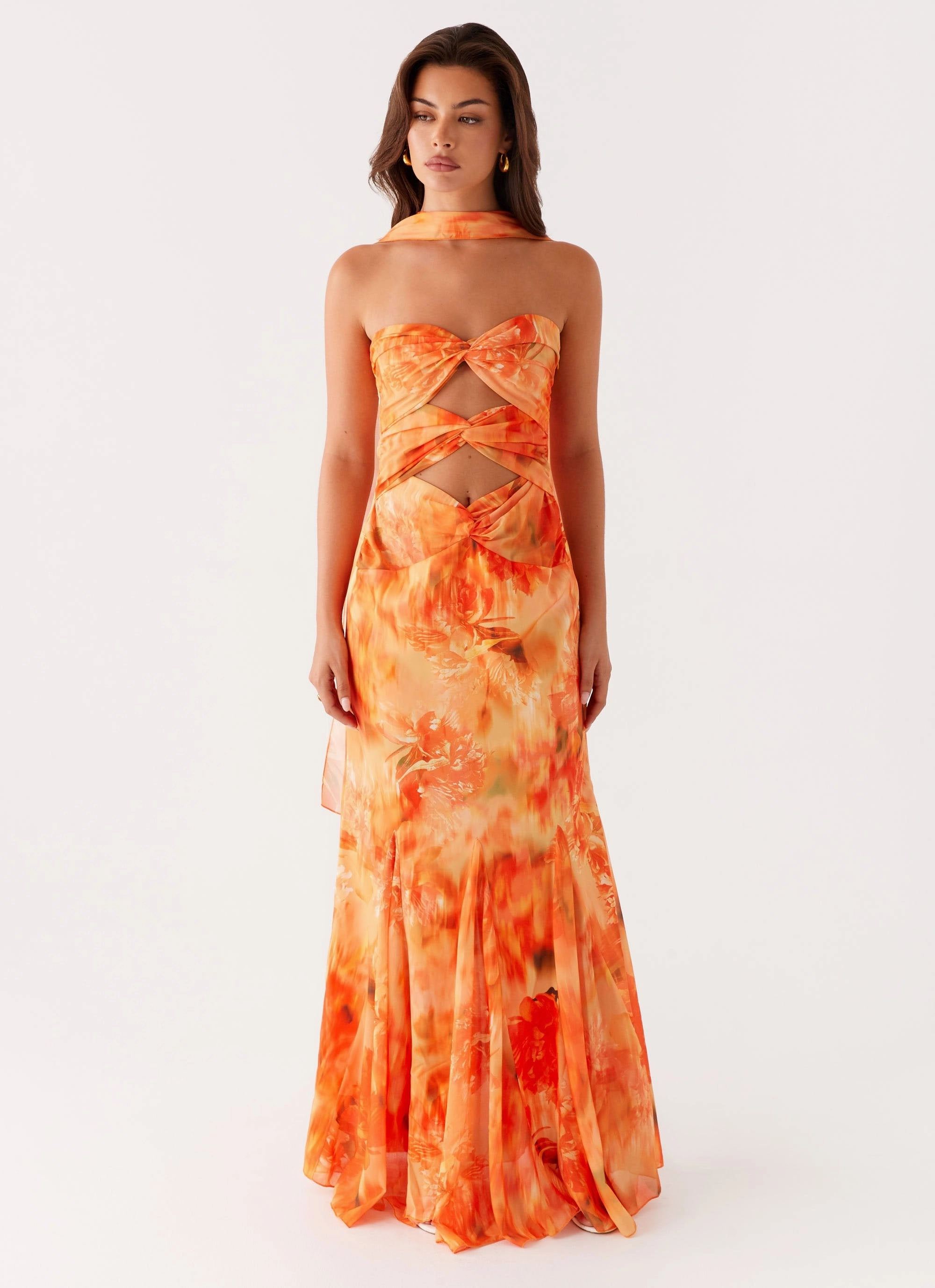Melrose Satin Chiffon Maxi Dress - Sunset Floral Garden-Party Refined Simplicity