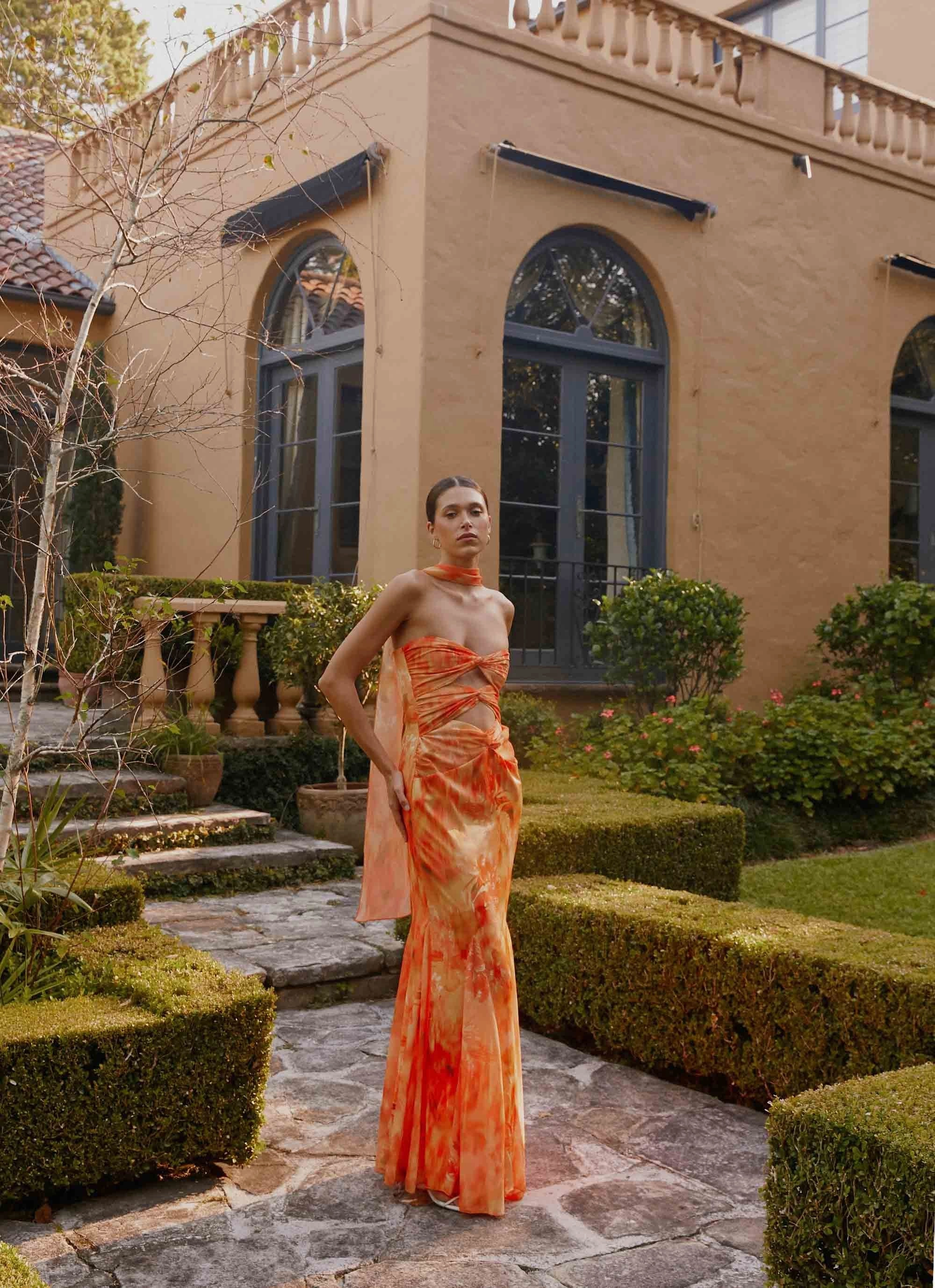 Melrose Satin Chiffon Maxi Dress - Sunset Floral Minimal Mood