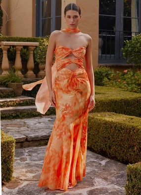 French Vibe Melrose Satin Chiffon Maxi Dress - Sunset Floral