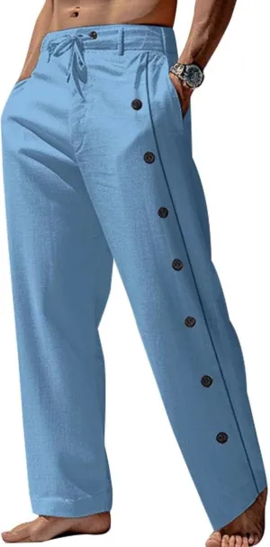Mens Cotton Linen Pants Drawstring Elastic Waist Casual Breathable Classic Trendy Trousers Vacation Beach Sweatpants
