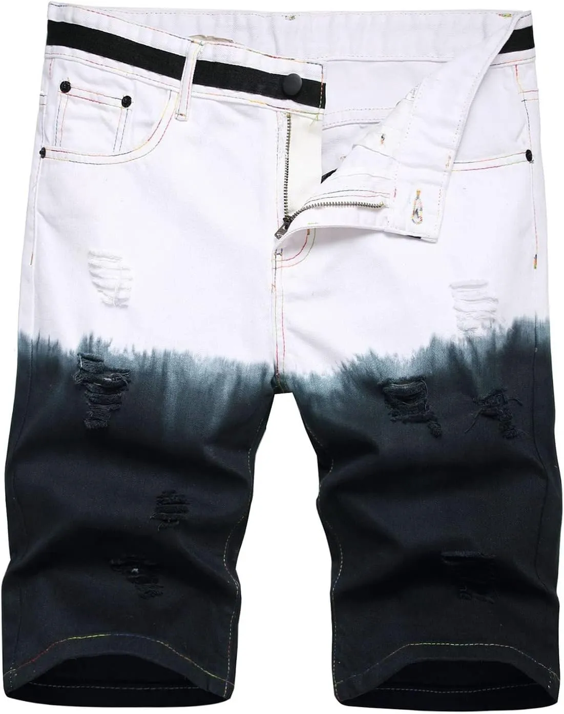 Mens Fashion Shorts Classic Fit Linen Stretchy Jeans with Hole Summer Color Block Distressed Stretchy Denim Short