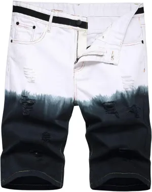 Mens Fashion Shorts Classic Fit Linen Stretchy Jeans with Hole Summer Color Block Distressed Stretchy Denim Short