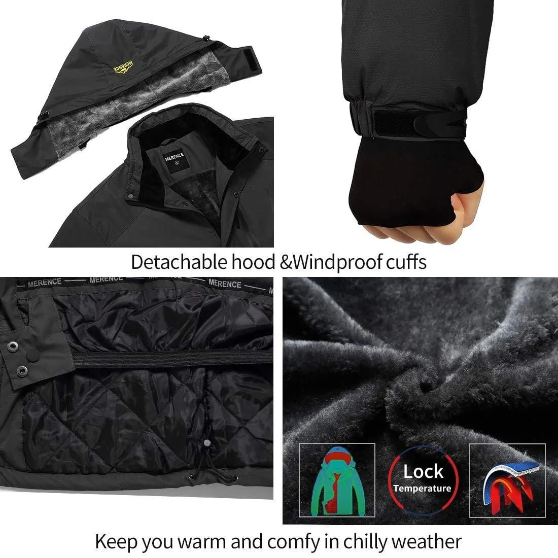 Men's Mountain Waterproof Ski Jacket Windproof Rain Jacket U619WCFY028,Black,L