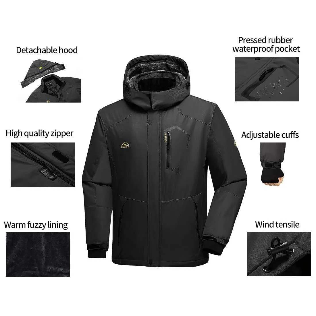 Men's Mountain Waterproof Ski Jacket Windproof Rain Jacket U619WCFY028,Black,L