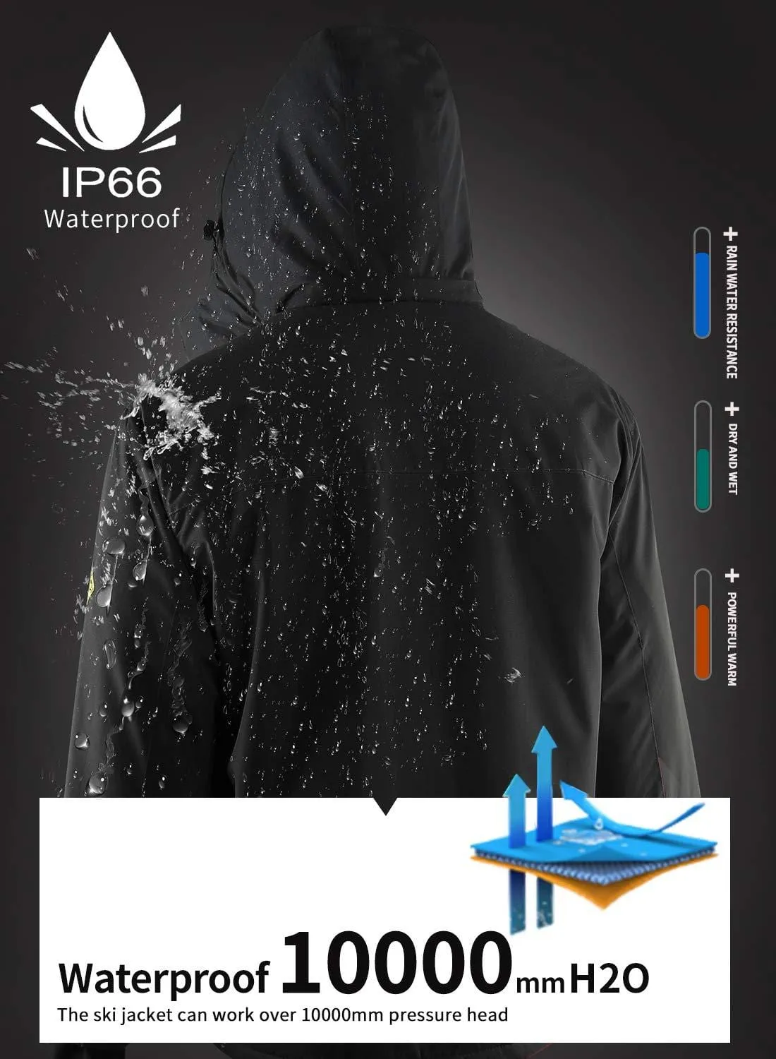Men's Mountain Waterproof Ski Jacket Windproof Rain Jacket U619WCFY028,Black,L