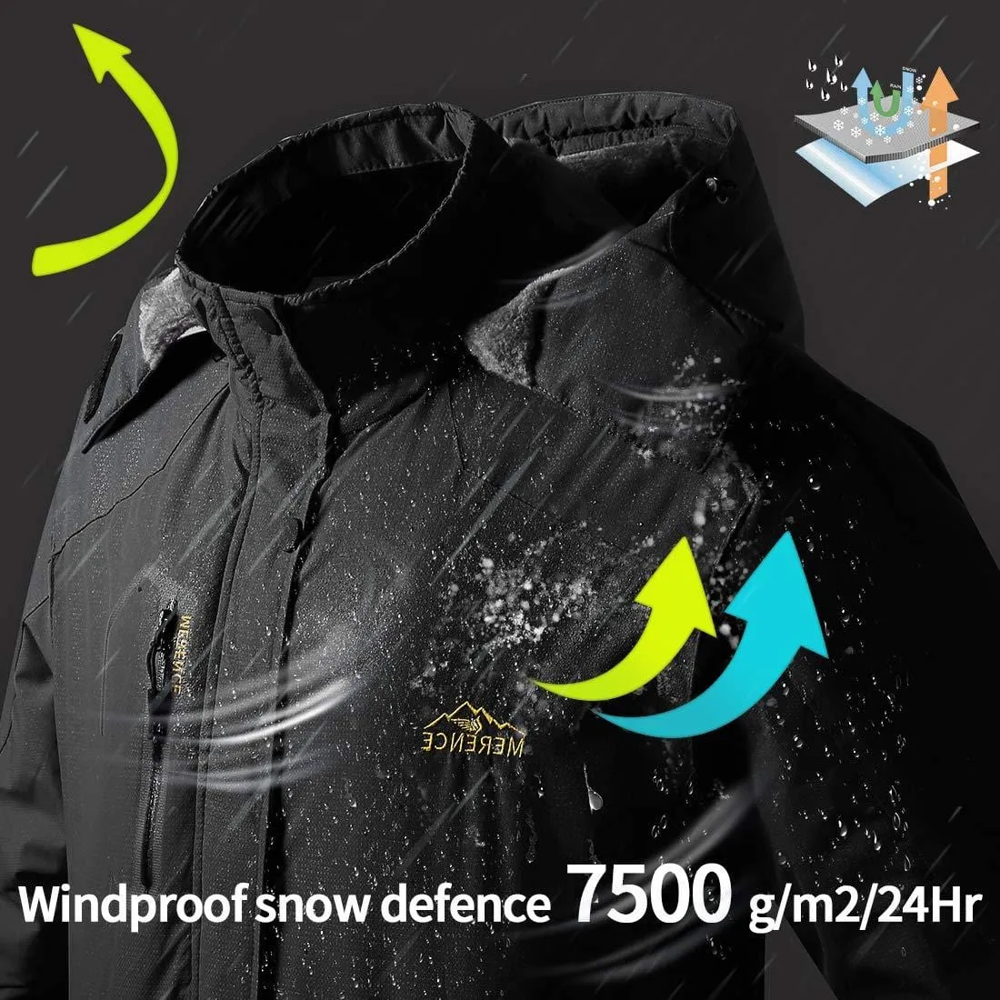 Men's Mountain Waterproof Ski Jacket Windproof Rain Jacket U619WCFY028,Black,L