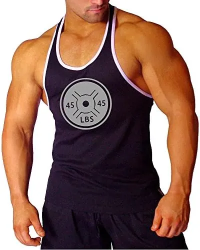 Men's Muscle Workout T-Shirt Gym Fitness Tank Training Top in Black w/White Trim 45LBS