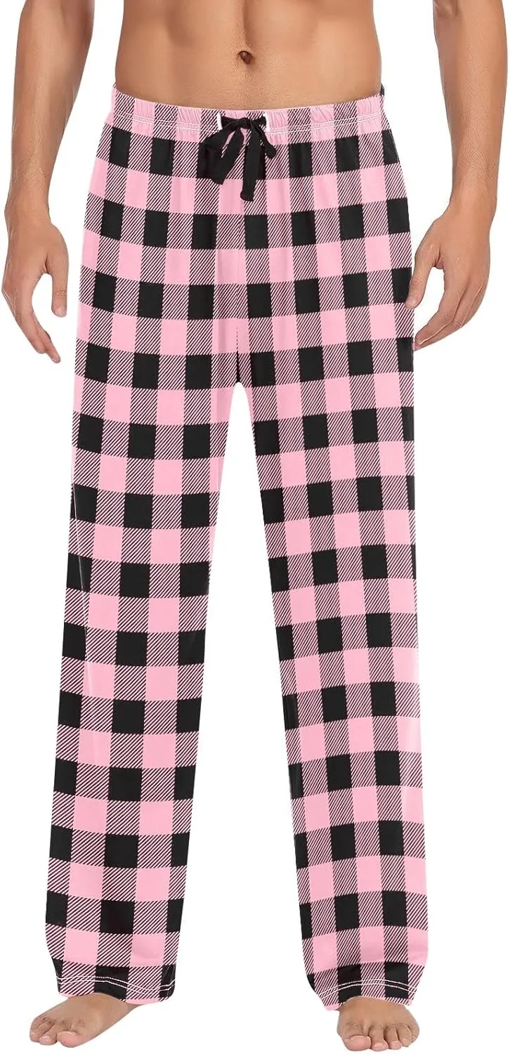 Mens Pajama Pants Lounge Plaid Print Bottoms Drawstring Workout Trousers Vintage Fashion Sleep Bottoms with Pockets