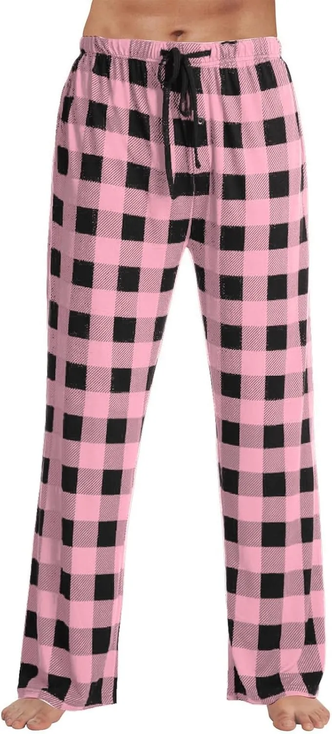 Mens Pajama Pants Lounge Plaid Print Bottoms Drawstring Workout Trousers Vintage Fashion Sleep Bottoms with Pockets