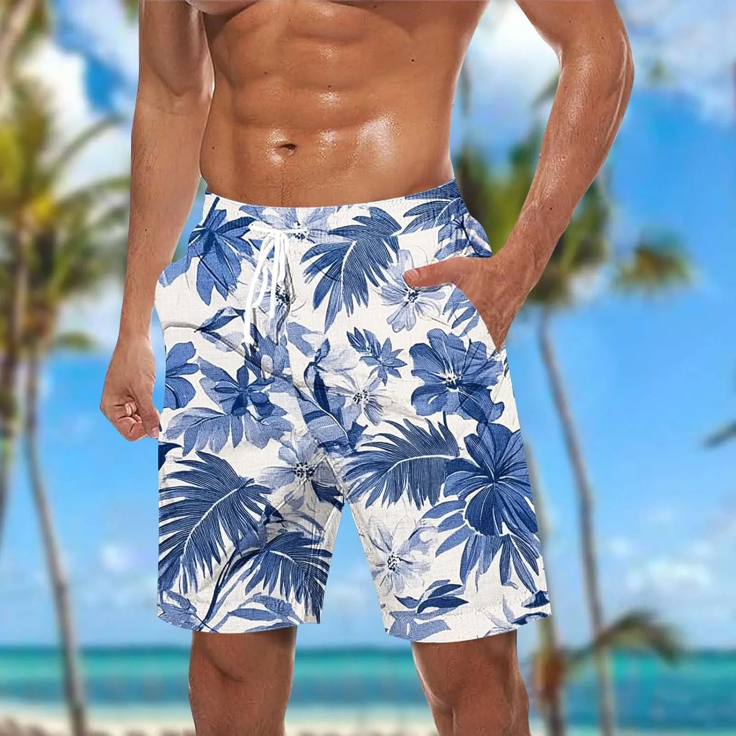Mens Shorts Cotton Linen Shorts Elastic Waist Casual Cargo Shorts Lightweight Classic Fit Summer Beach Shorts
