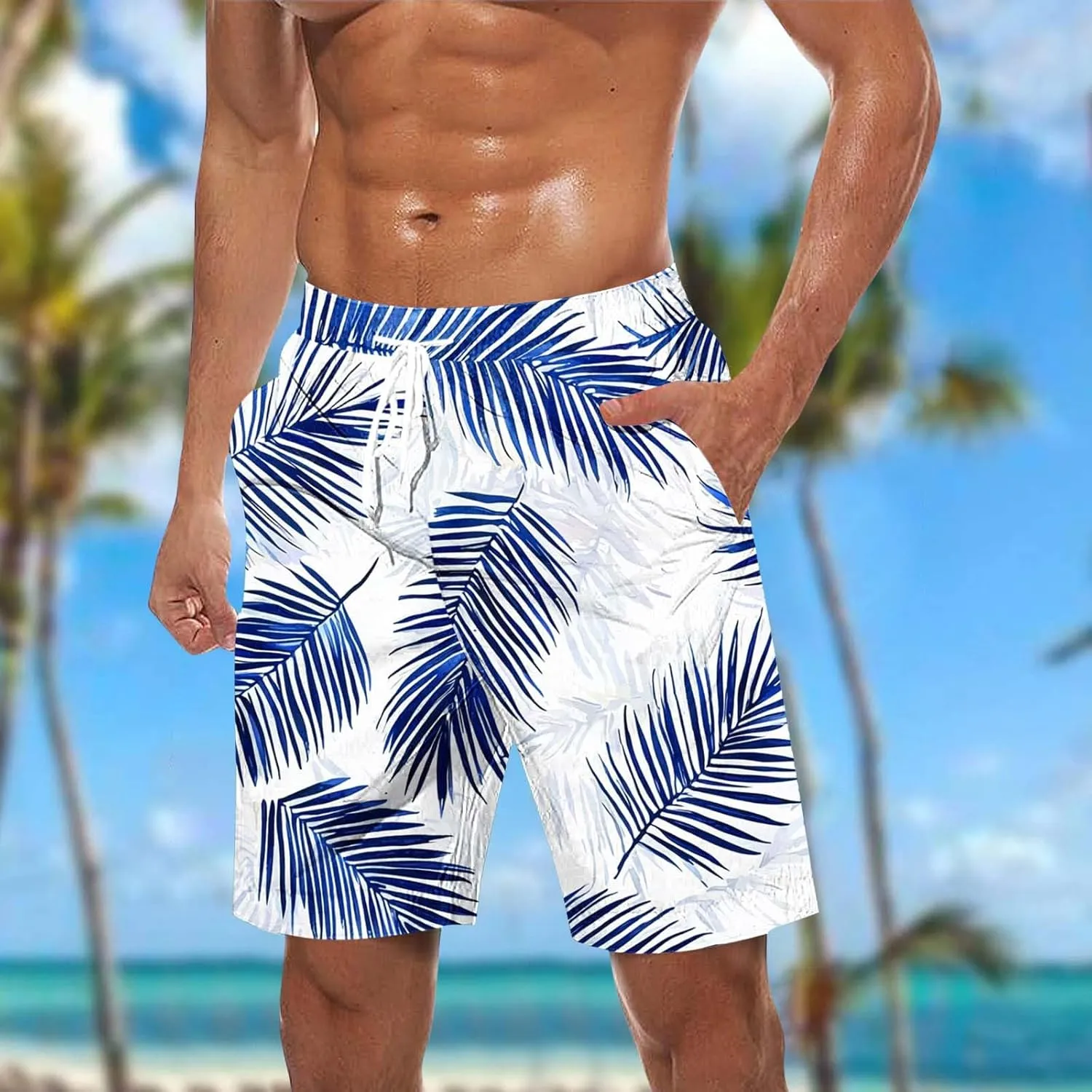 Mens Shorts Cotton Linen Shorts Elastic Waist Casual Cargo Shorts Lightweight Classic Fit Summer Beach Shorts