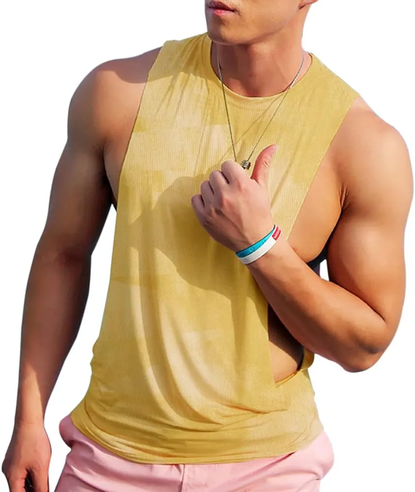 Men's Sleeveless Muscle Stringer Tank Top Cut Open Gym Training Bodybuilding Vest Shirts