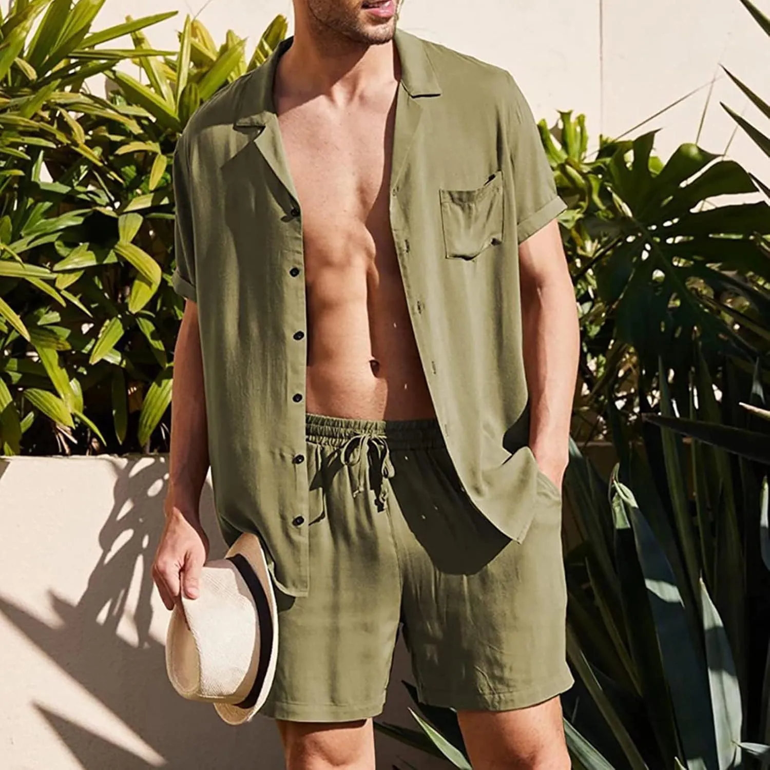 Men's Summer Linen Breathable Wrinkle Two Piece Breathable Suit Rolled Sleeve Shirt Pants Set and Prom Tux