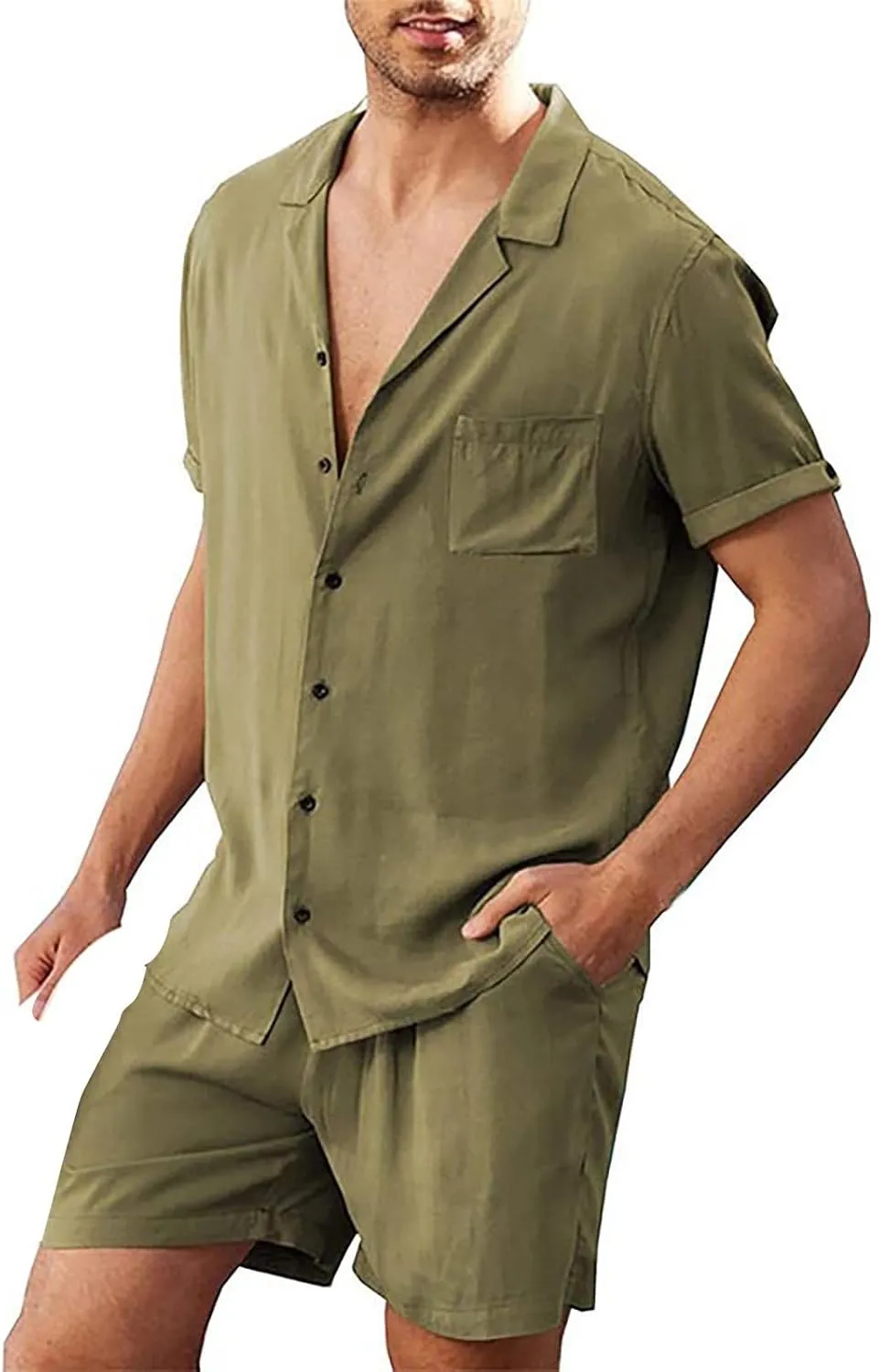 Men's Summer Linen Breathable Wrinkle Two Piece Breathable Suit Rolled Sleeve Shirt Pants Set and Prom Tux