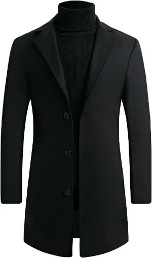 Mens Trench Coats Mid Long Single Breasted Pea Coat Casual Winter Business Casual Slim Fit Wool Jacket Warm Overcoat