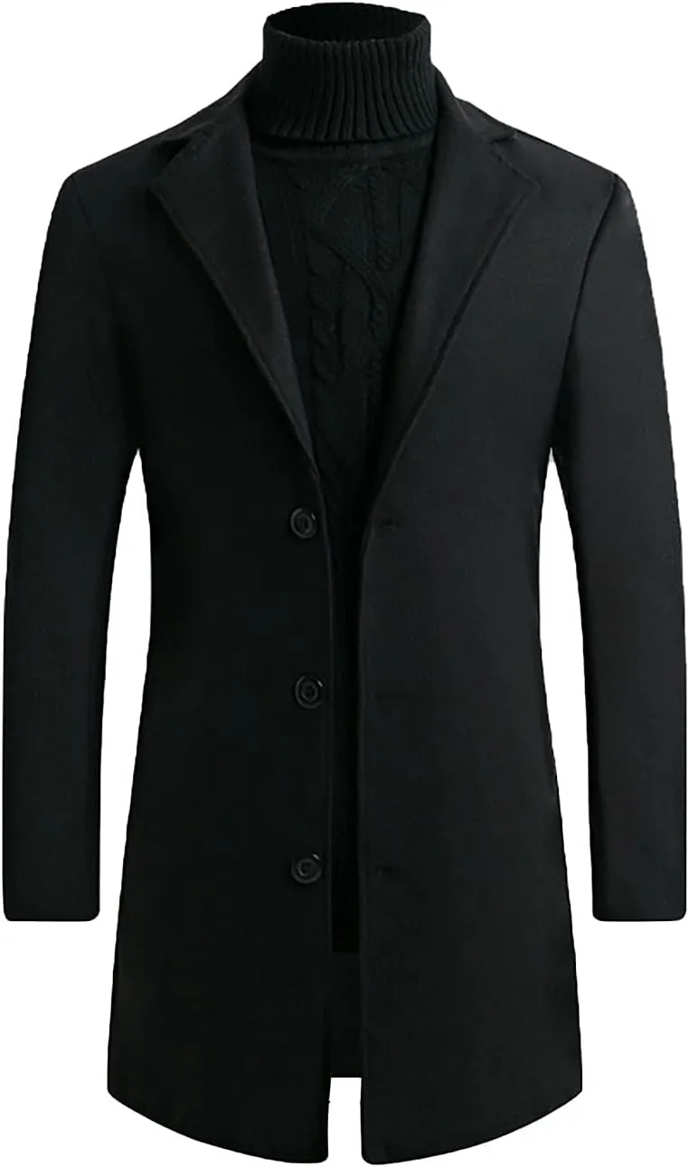 Mens Trench Coats Mid Long Single Breasted Pea Coat Casual Winter Business Casual Slim Fit Wool Jacket Warm Overcoat