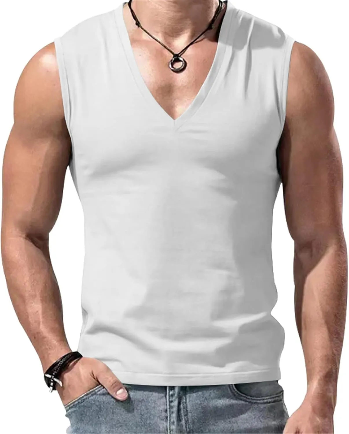 Mens V Neck Tank Tops Sleeveless Undershirts Quick Dry Athletic Gym Shirts Casual Basic Tees Solid Color Workout Top