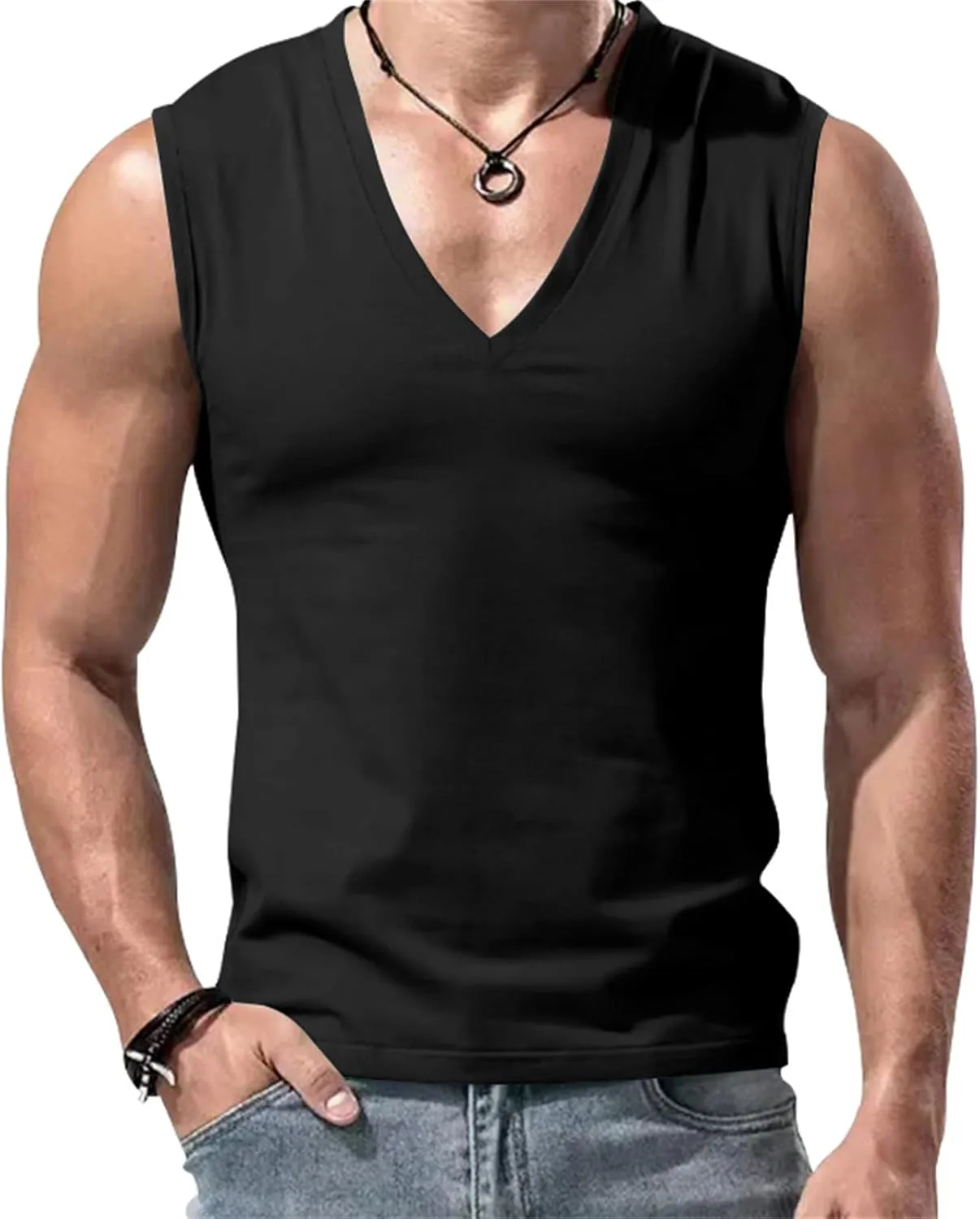 Mens V Neck Tank Tops Sleeveless Undershirts Quick Dry Athletic Gym Shirts Casual Basic Tees Solid Color Workout Top