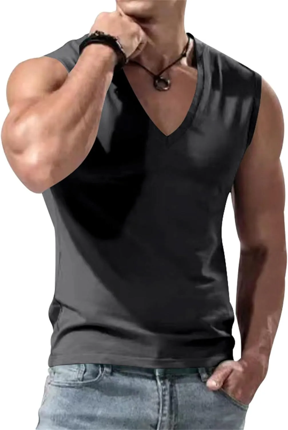 Mens V Neck Tank Tops Sleeveless Undershirts Quick Dry Athletic Gym Shirts Casual Basic Tees Solid Color Workout Top