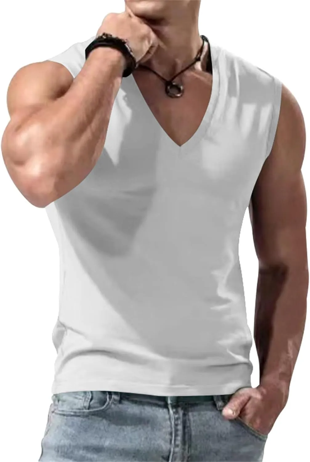 Mens V Neck Tank Tops Sleeveless Undershirts Quick Dry Athletic Gym Shirts Casual Basic Tees Solid Color Workout Top