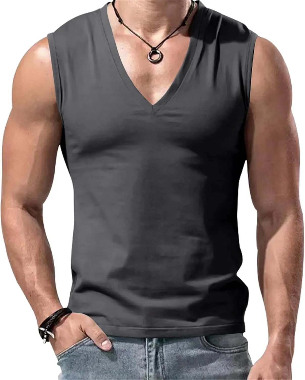 Mens V Neck Tank Tops Sleeveless Undershirts Quick Dry Athletic Gym Shirts Casual Basic Tees Solid Color Workout Top