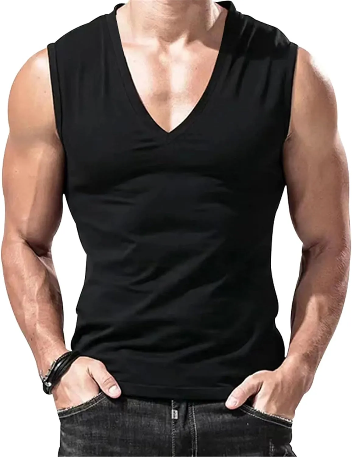 Mens V Neck Tank Tops Sleeveless Undershirts Quick Dry Athletic Gym Shirts Casual Basic Tees Solid Color Workout Top